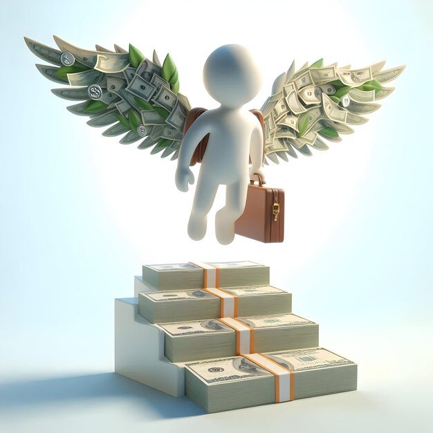 3D person with money wings symbolizing financial success