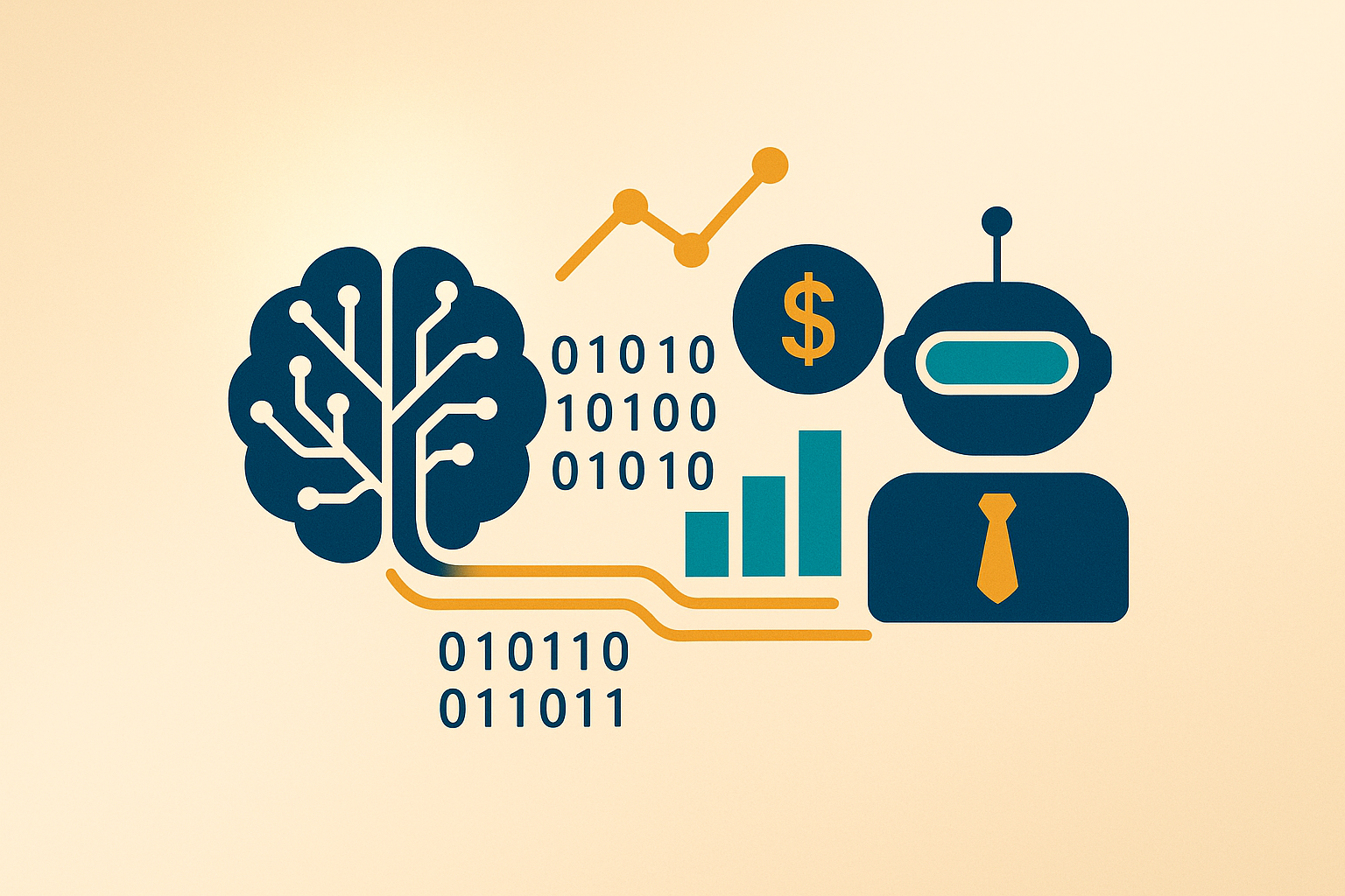 Illustrative graphic of AI and robo-advisor technology transforming wealth management with digital data streams on subtle light beige background