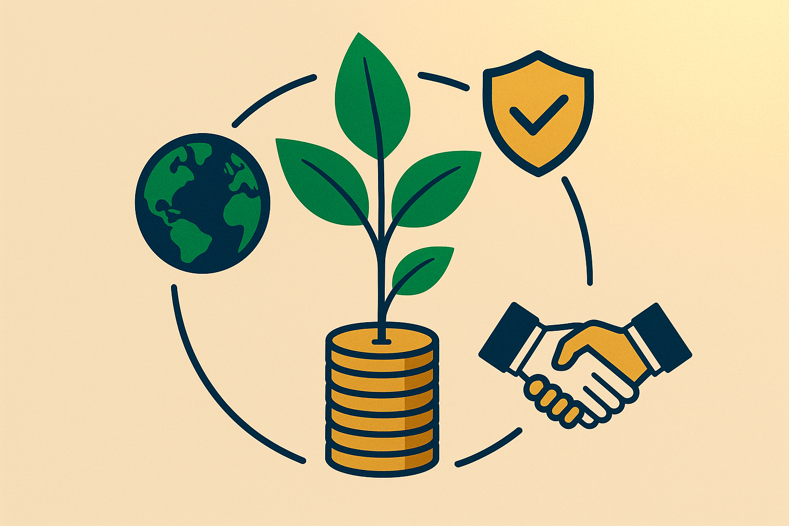 Graphic illustration representing ESG and sustainable investing with green leaves and ethical business symbols growing from coin stacks on light beige background