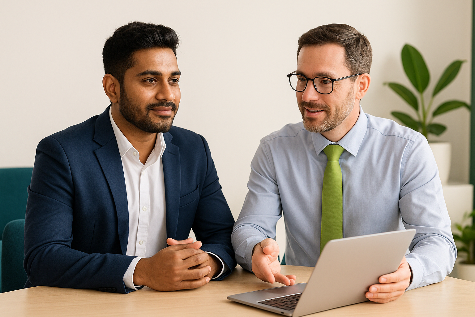 Indian investor consulting with a verified broker in a professional office setting to avoid mistakes in unlisted shares investment