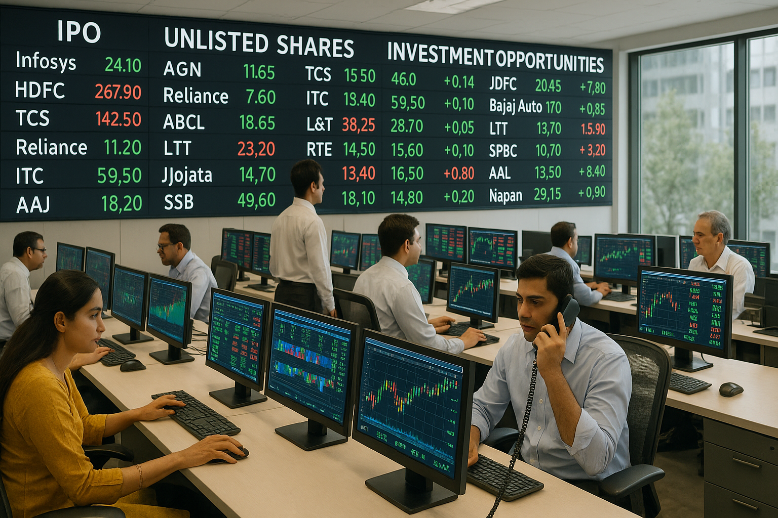 Photograph of Indian stock market trading floor with traders and electronic stock tickers showing financial data.