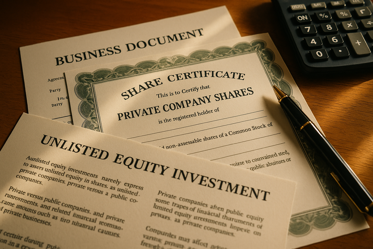 Close-up image of business documents and share certificates on desk illustrating unlisted shares investment documentation.