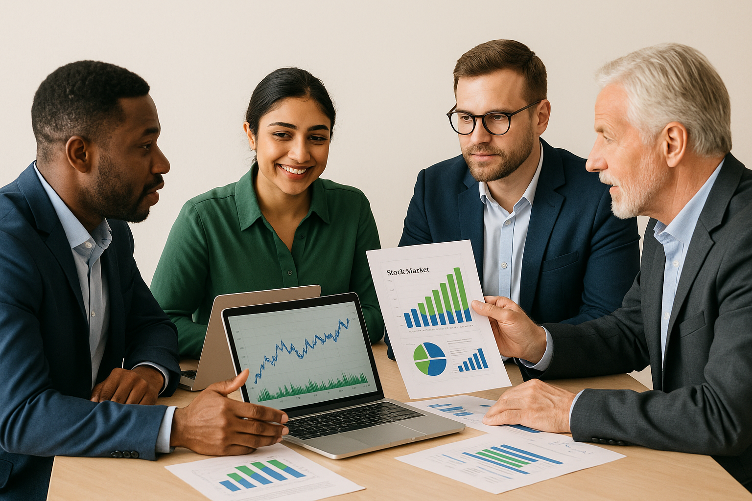 Investors and financial advisors discussing unlisted shares investment strategies with digital platforms in a modern office setting