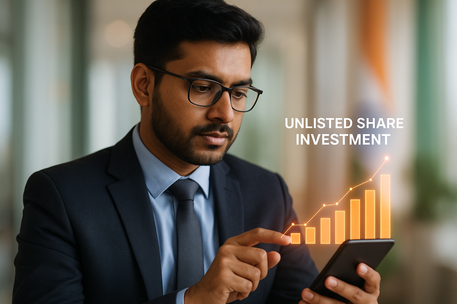 Indian businessperson viewing unlisted share investment graphs on a smartphone in a professional office setting.