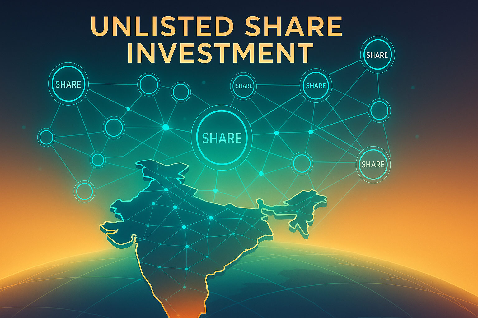 Illustration depicting digital network connections of unlisted shares over a map of India in warm sunrise colors.