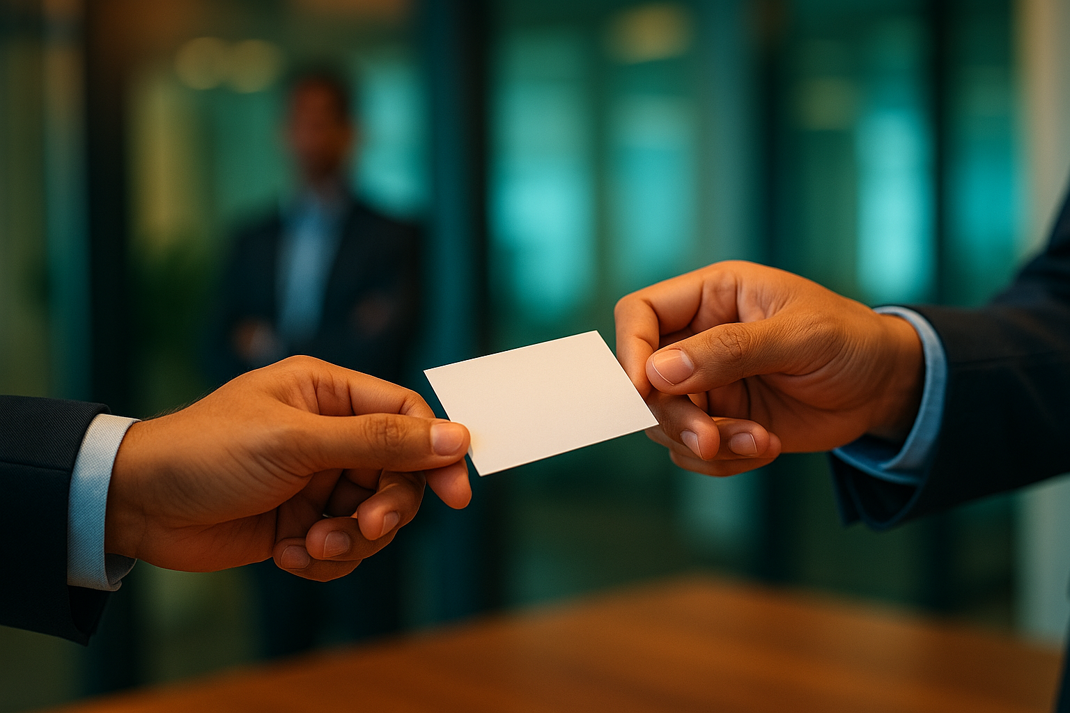Close-up of two people exchanging business cards in an office, symbolizing business networking and evaluation.