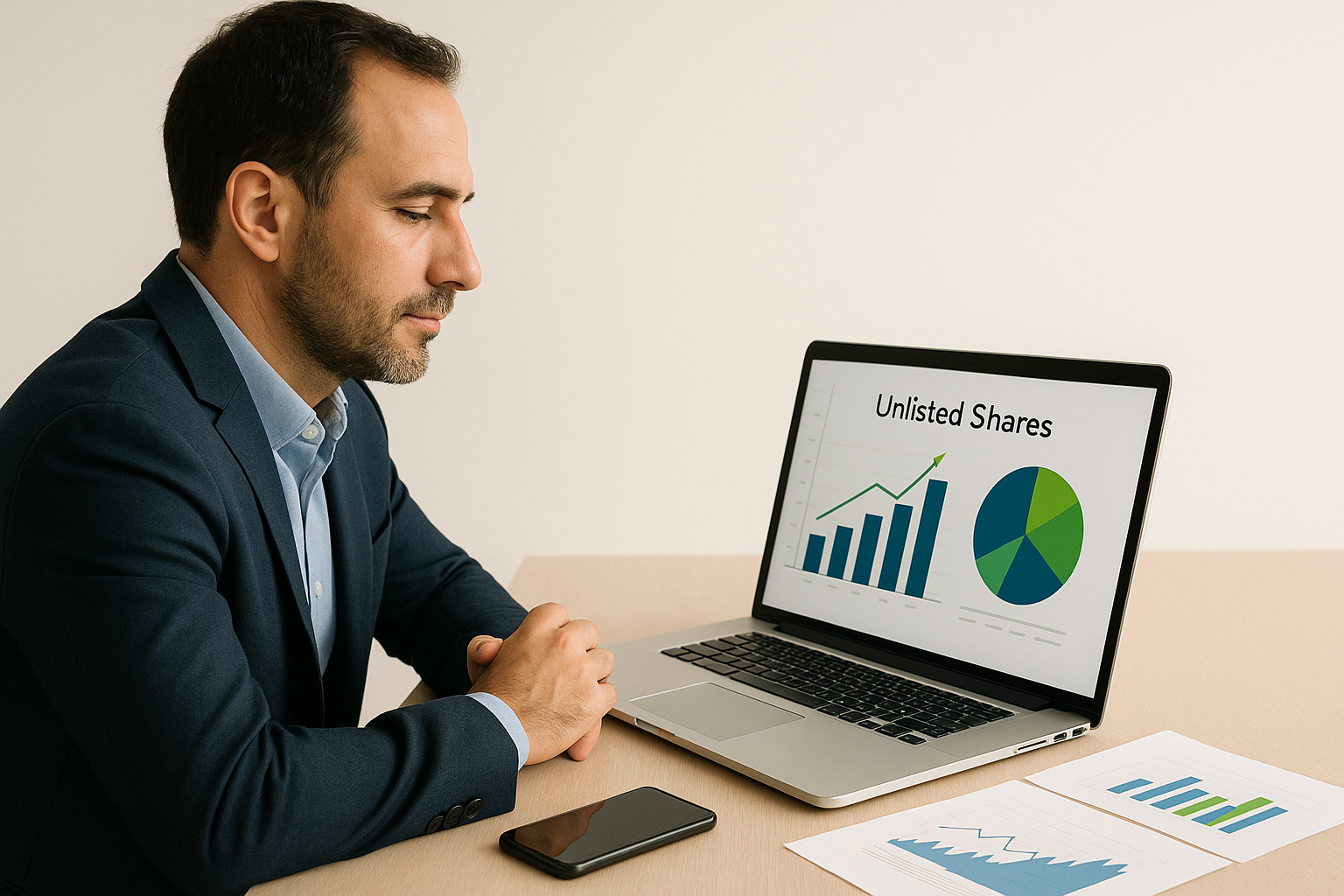 Investor reviewing unlisted shares financial data and market risks on laptop in professional office setting.