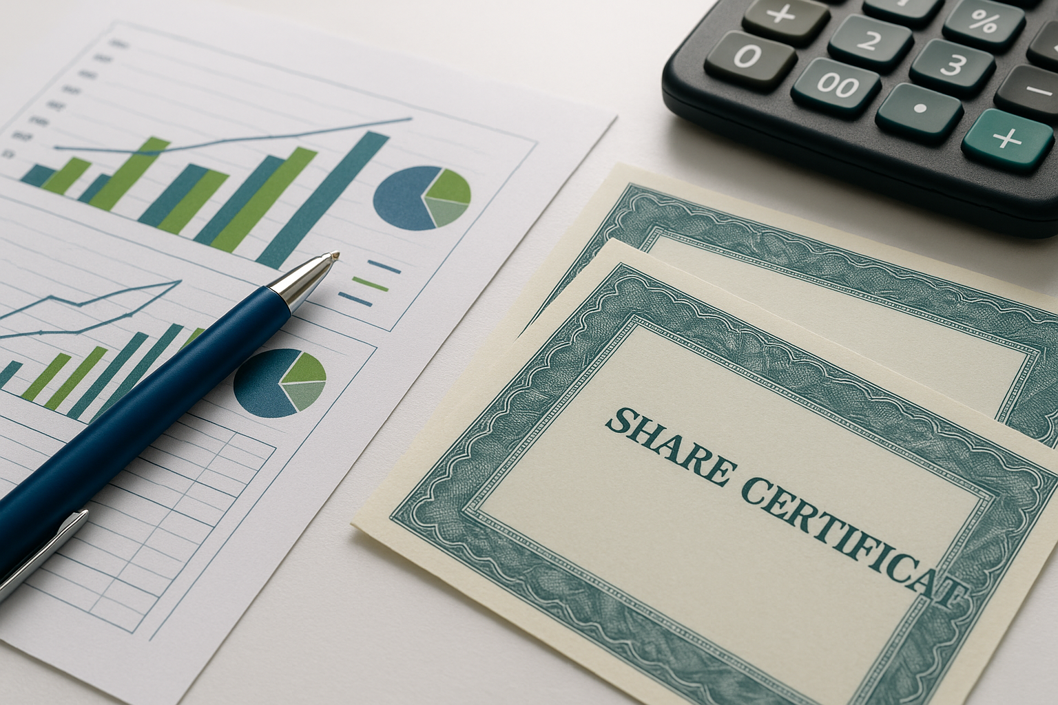 Close-up of financial documents and share certificates with calculator illustrating evaluation of unlisted shares in India