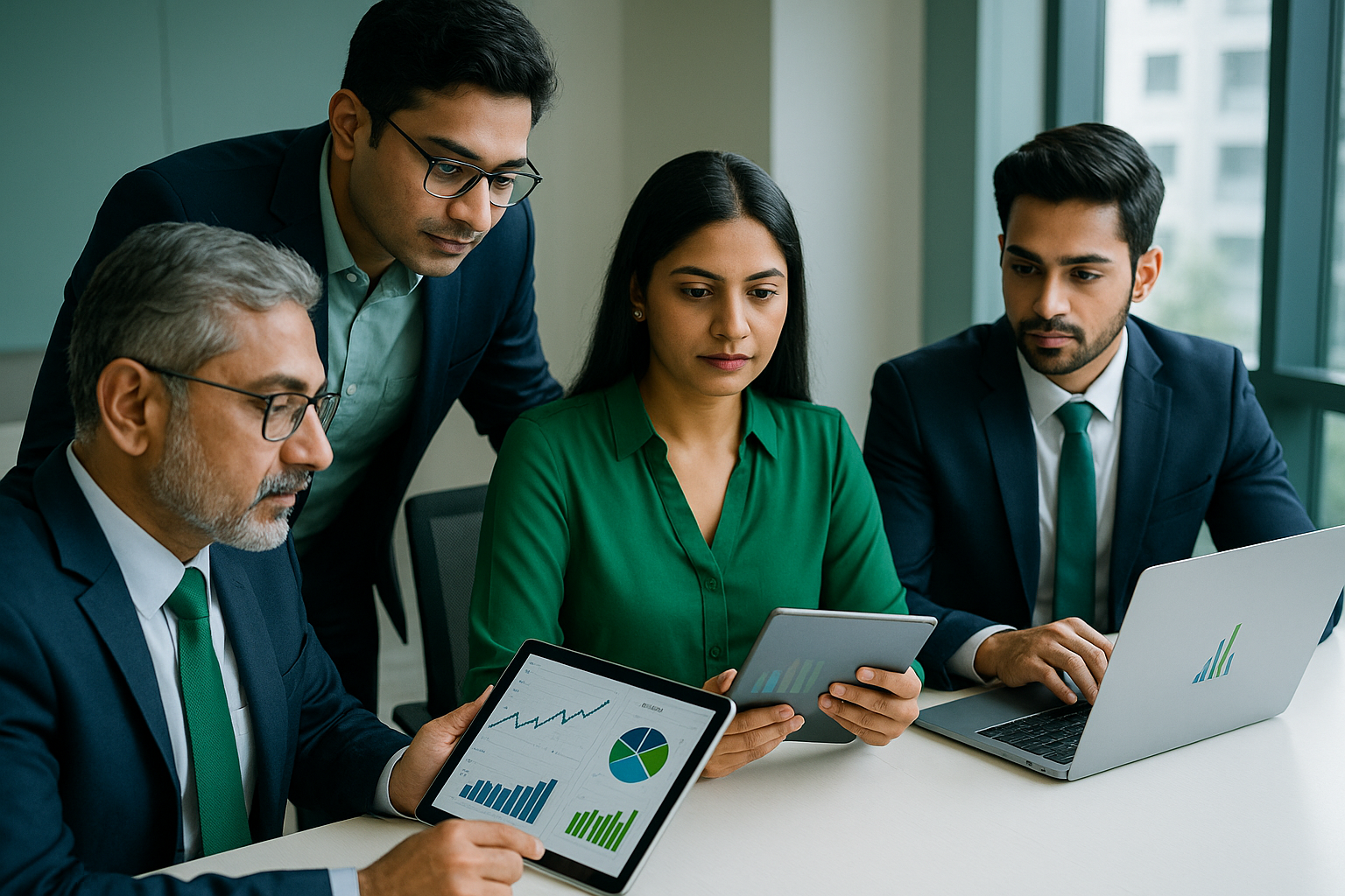 Indian investors reviewing private equity and unlisted shares data on digital devices in modern office setting