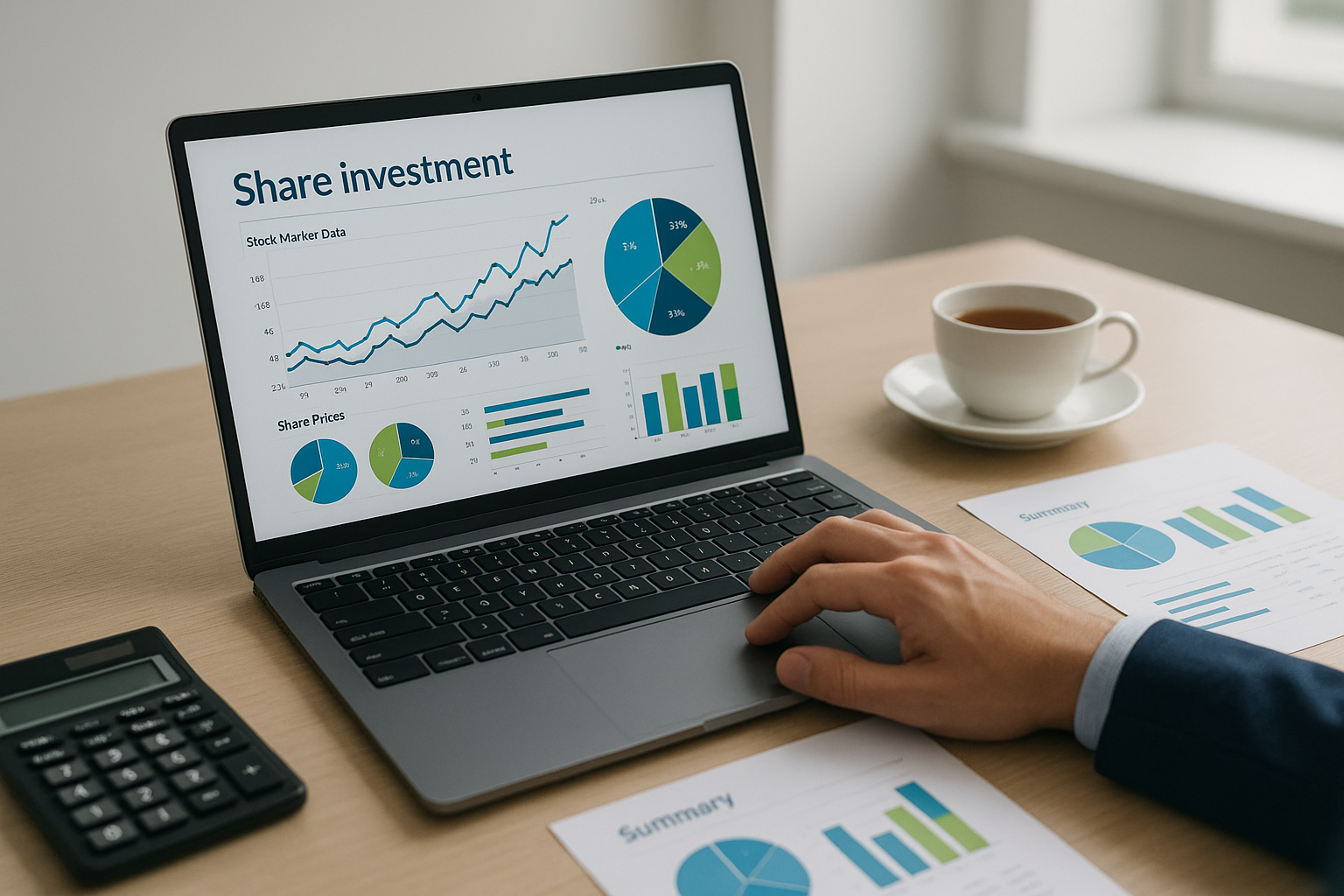 Close-up of a person analyzing financial charts and documents on a laptop and desk representing investment research in unlisted shares