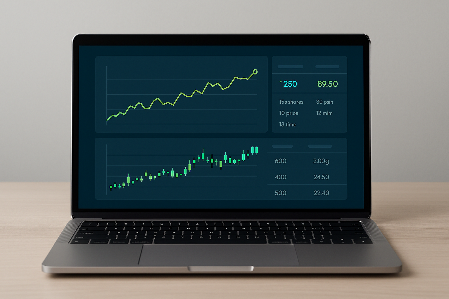 Close-up of laptop screen showing an Indian unlisted shares trading platform interface with graphs and transaction information