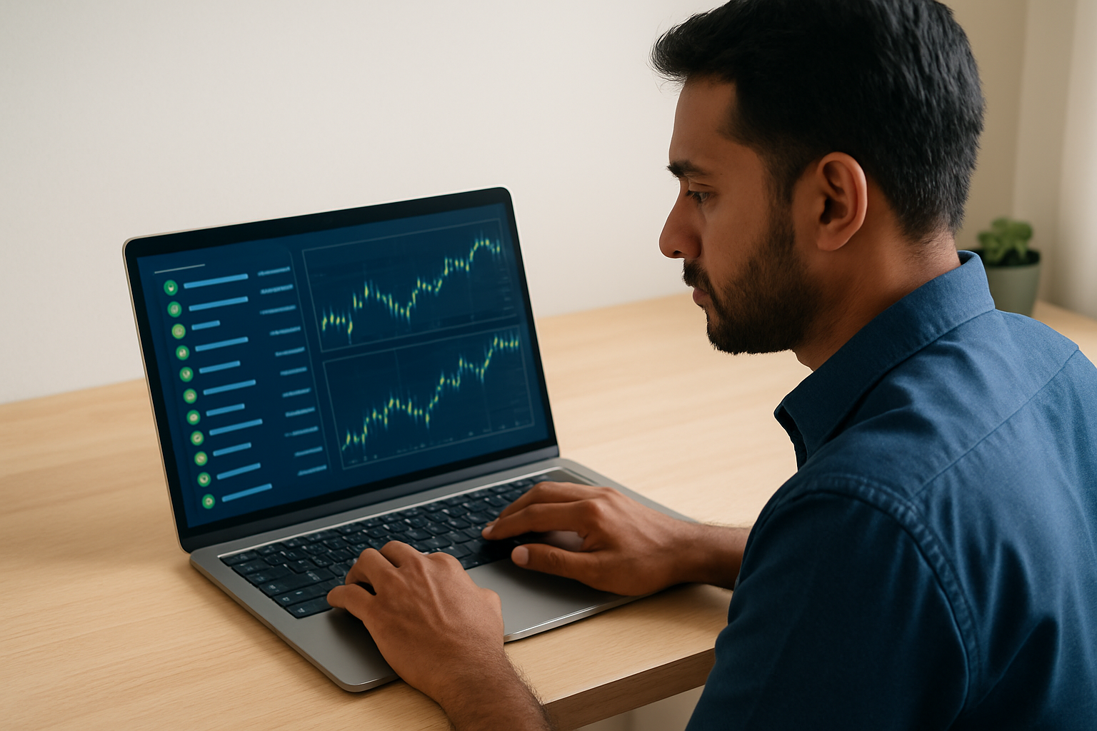 Indian investor analyzing platforms to buy unlisted shares on laptop screen with stock market charts visible