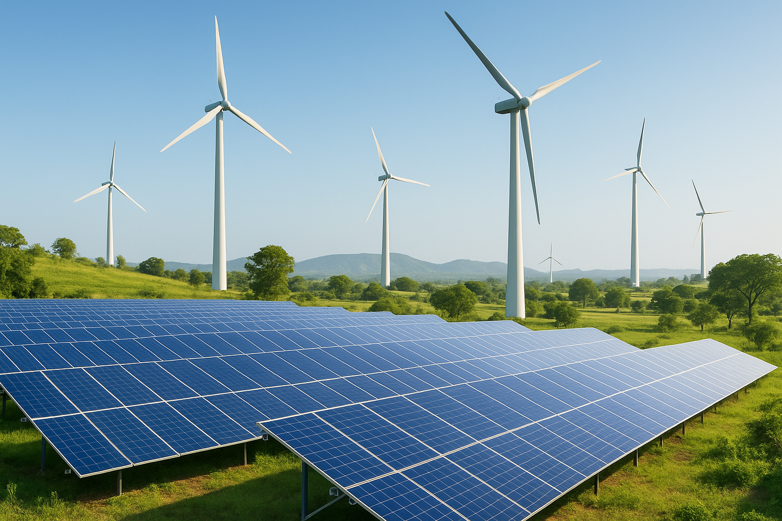Renewable energy infrastructure in India showing solar panels and wind turbines representing clean energy investment potential