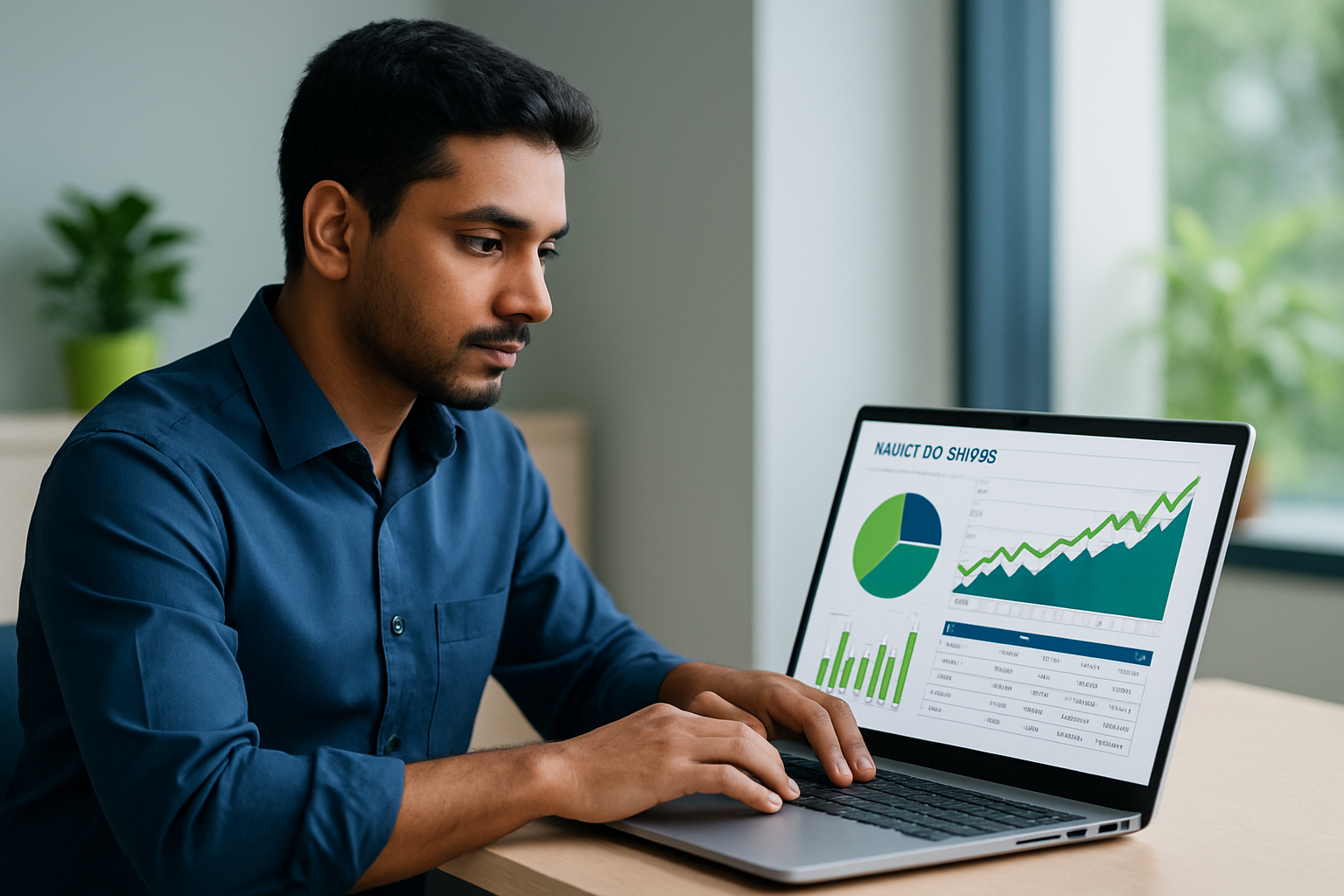 Young Indian investor analyzing unlisted shares investment portfolio on a laptop in an office environment