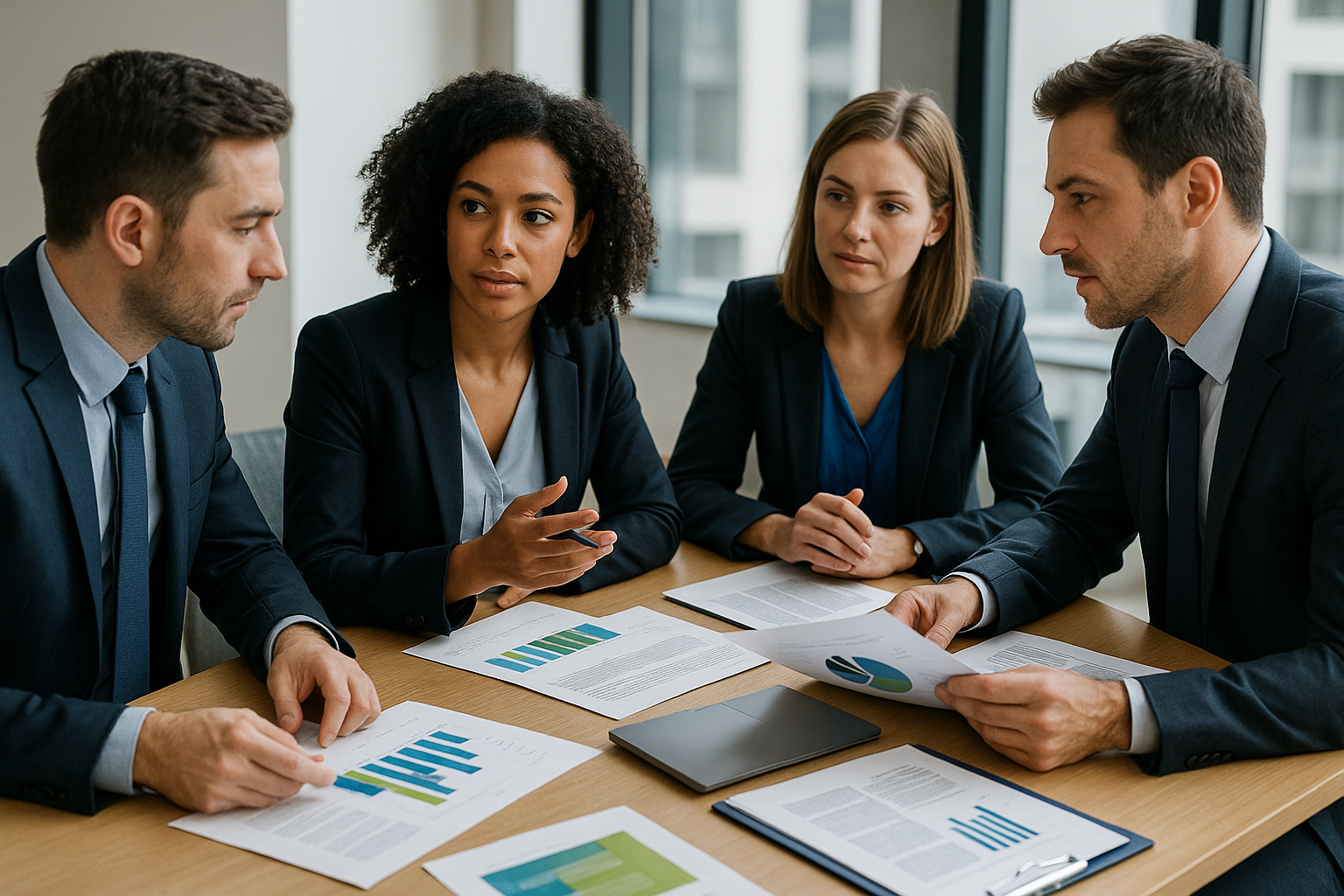 Business professionals discussing financial evaluation of unlisted companies in a modern office setting without any text