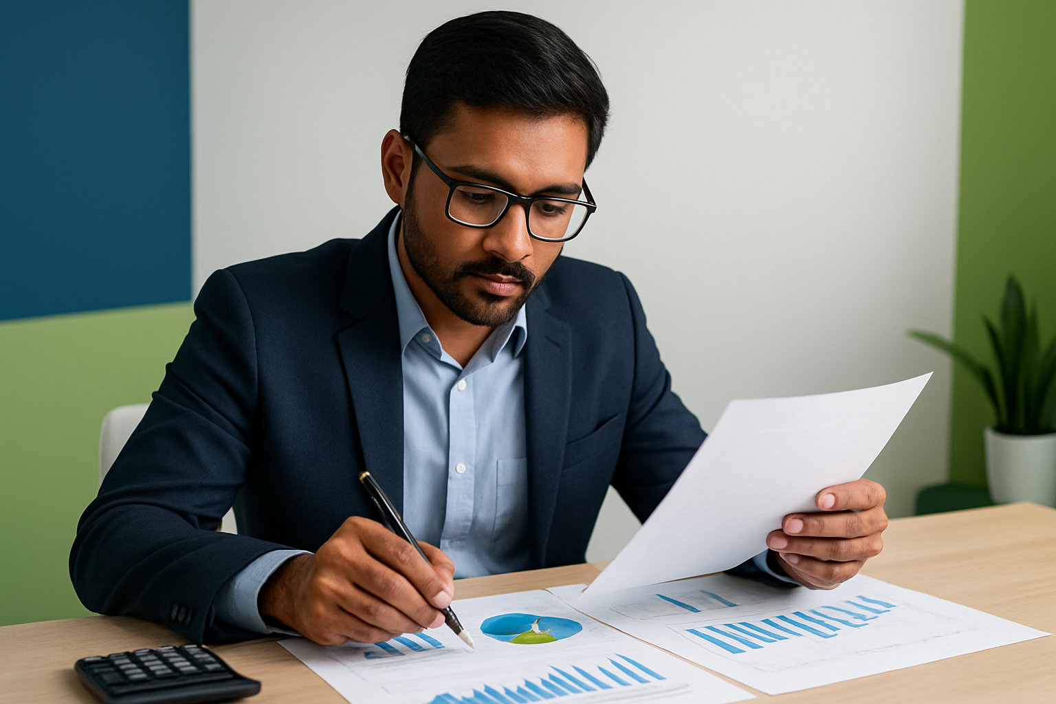 Indian investor studying financial documents and charts about unlisted shares in a professional setting