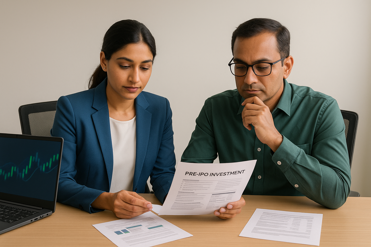 Two Indian investors in a modern office thoughtfully reviewing pre-IPO investment documents with laptop charts, illustrating evaluation of unlisted financial sector shares