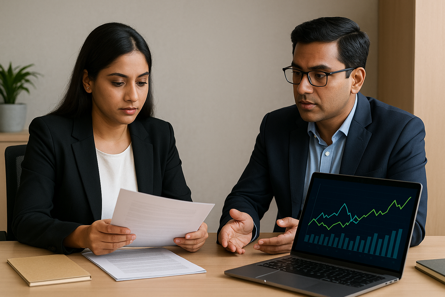 Two Indian investors thoughtfully reviewing pre-IPO company documents at a meeting table in a modern advisory office, focusing on long-term investment strategies for unlisted shares.