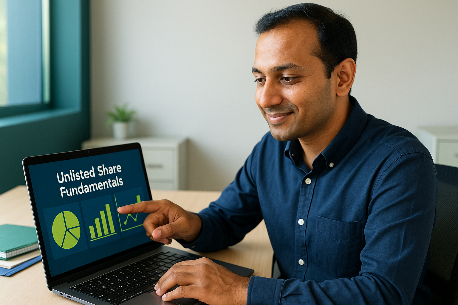 Indian investor carefully analyzing unlisted share fundamentals on a laptop in a modern advisory office, exemplifying focused and strategic financial decision-making.