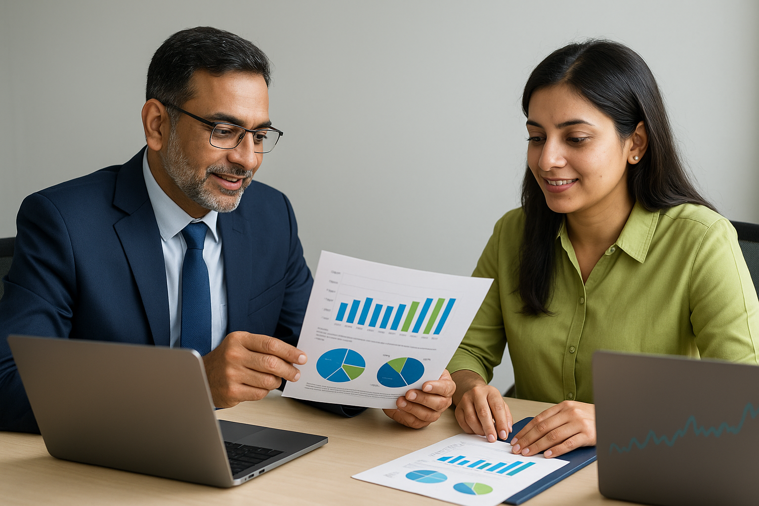 Two Indian investors in an office reviewing printed reports and discussing unlisted share investment strategies with calm and informed expressions