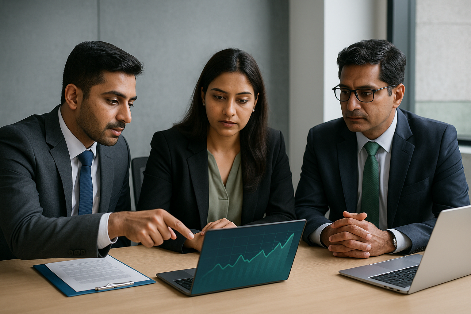 Three Indian professionals in a private advisory setting analyzing pre-IPO unlisted share documents on a laptop, demonstrating thoughtful financial planning and strategic investing
