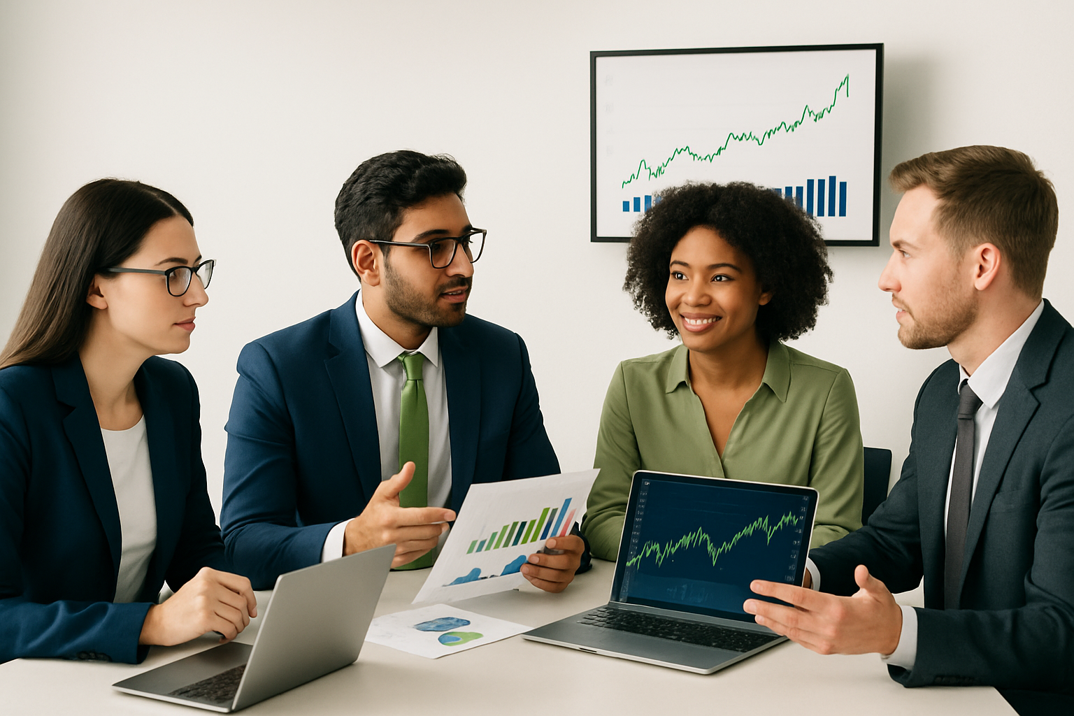 Business professionals discussing investments and stock portfolios in modern office setting