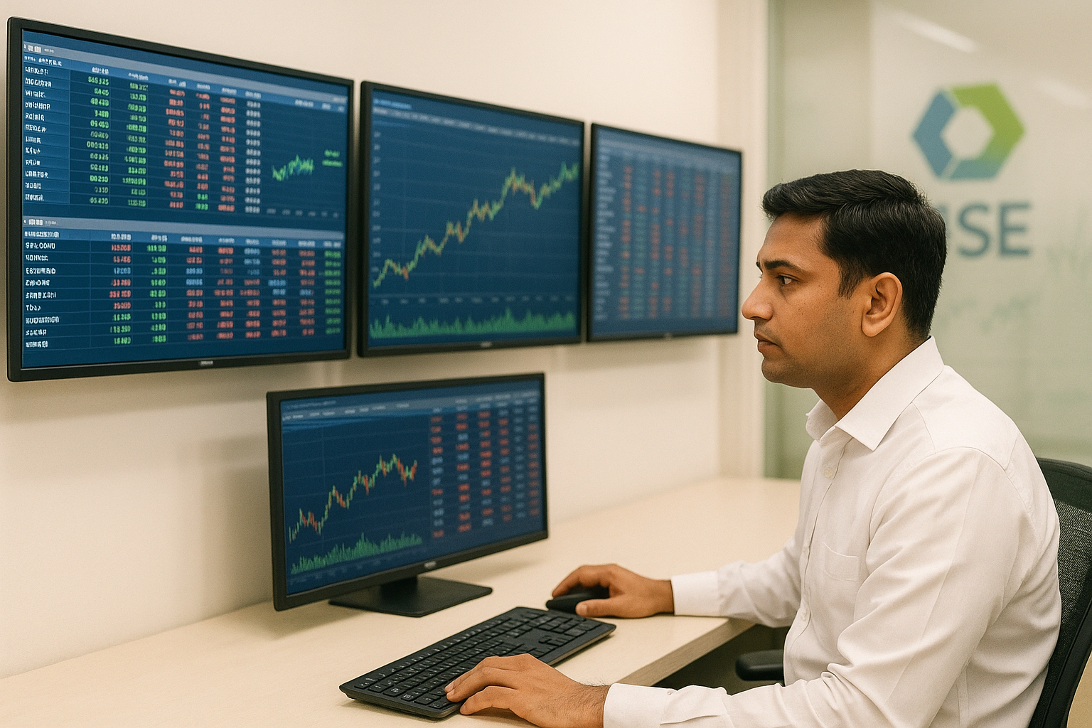 Stock trading floor in India showing financial data screens and stock exchange environment illustrating investment in unlisted shares and IPO potential.